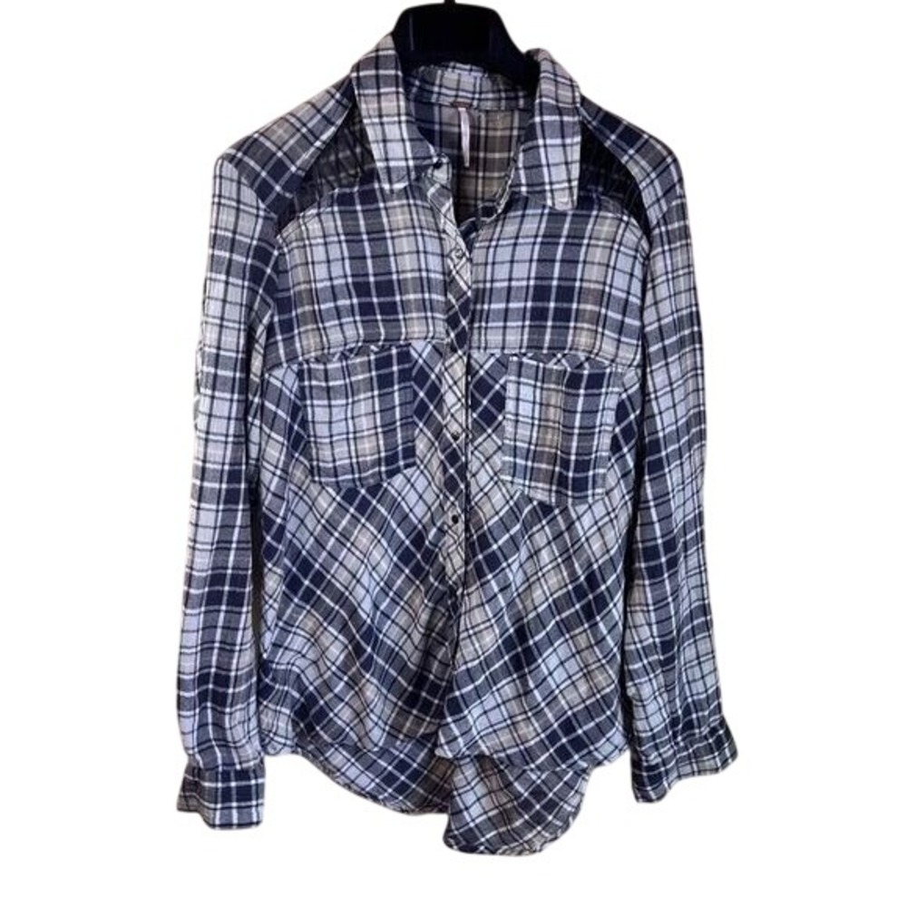 Free People Womens Boho Gauze Plaid Flannel‎ Blue Grey Button Down Size Small